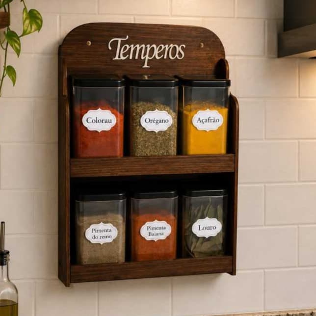 Porta Temperos  Parede e Mesa Mdf Marrom 06 potes Tempero Mantimentos Condimentos
