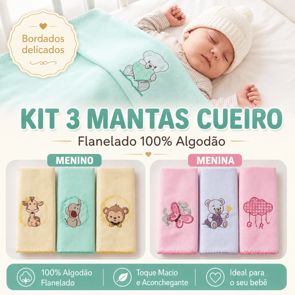 Kit 3 Mantas Cueiro Bebê Flaneladas Bordadas 100% Algodão 70x80cm Enxoval Recém-Nascido Menino Menina