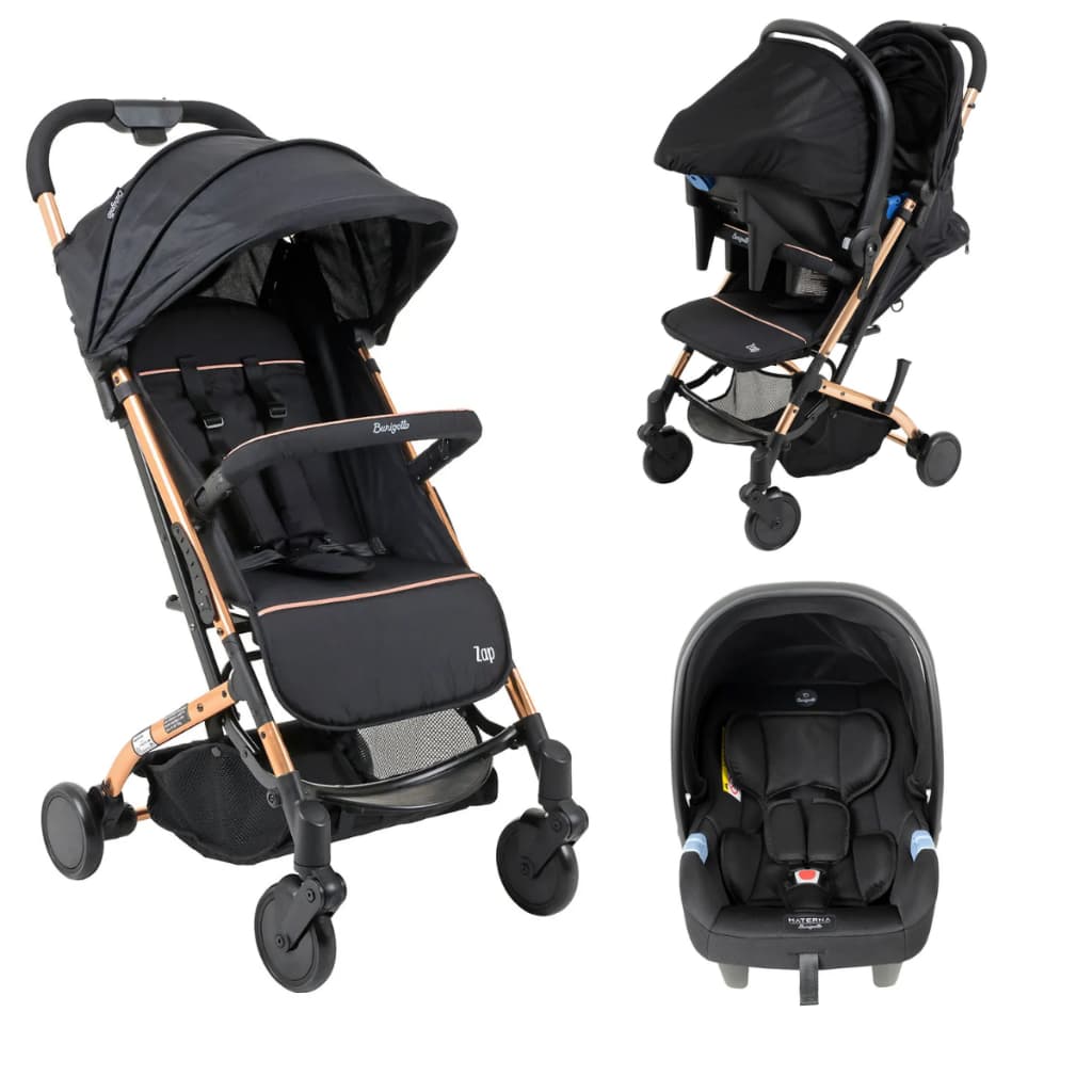 Carrinho De Bebê Zap Compacto Preto Cobre + Bebe Conforto Preto Burigotto