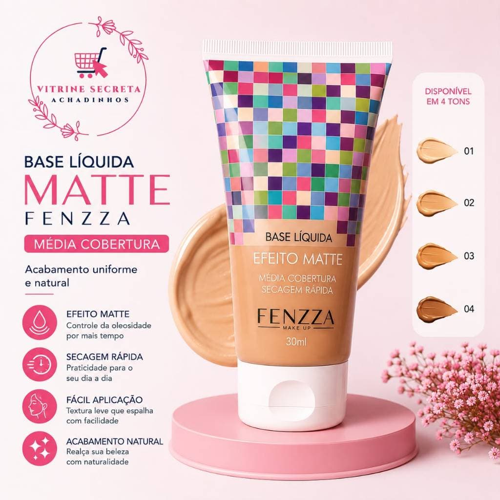 Base Líquida Fenzza Matte 30ml Média Cobertura Efeito Natural Secagem Rápida