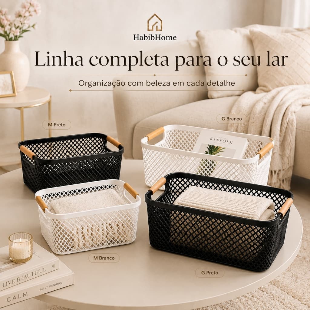 Cesto Organizador Multiuso M e G com Alça Amadeirada para Cozinha Banheiro Closet Despensa – Branco ou Preto