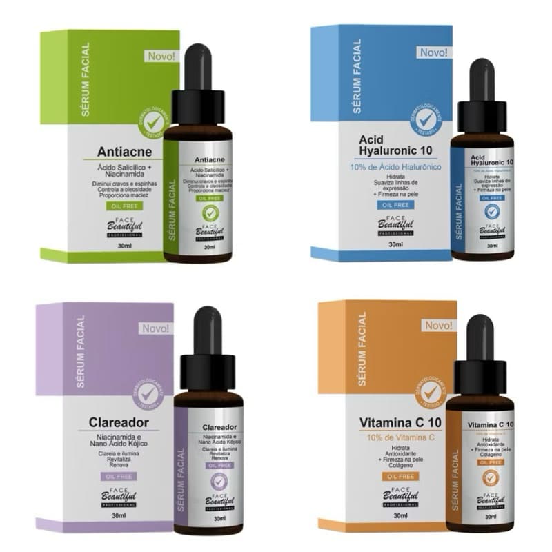 Sérum Facial Face Beautiful 30ml | 5 Opções: Antiacne, Clareador, Ácido Hialurônico, Vitamina C e Colágeno