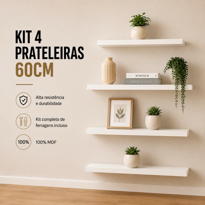 Kit com 4 Prateleiras MDF de 15cm x 40/50/60cm para Parede Suporte Incluso Sala Cozinha Quarto Banheiro Decoração
