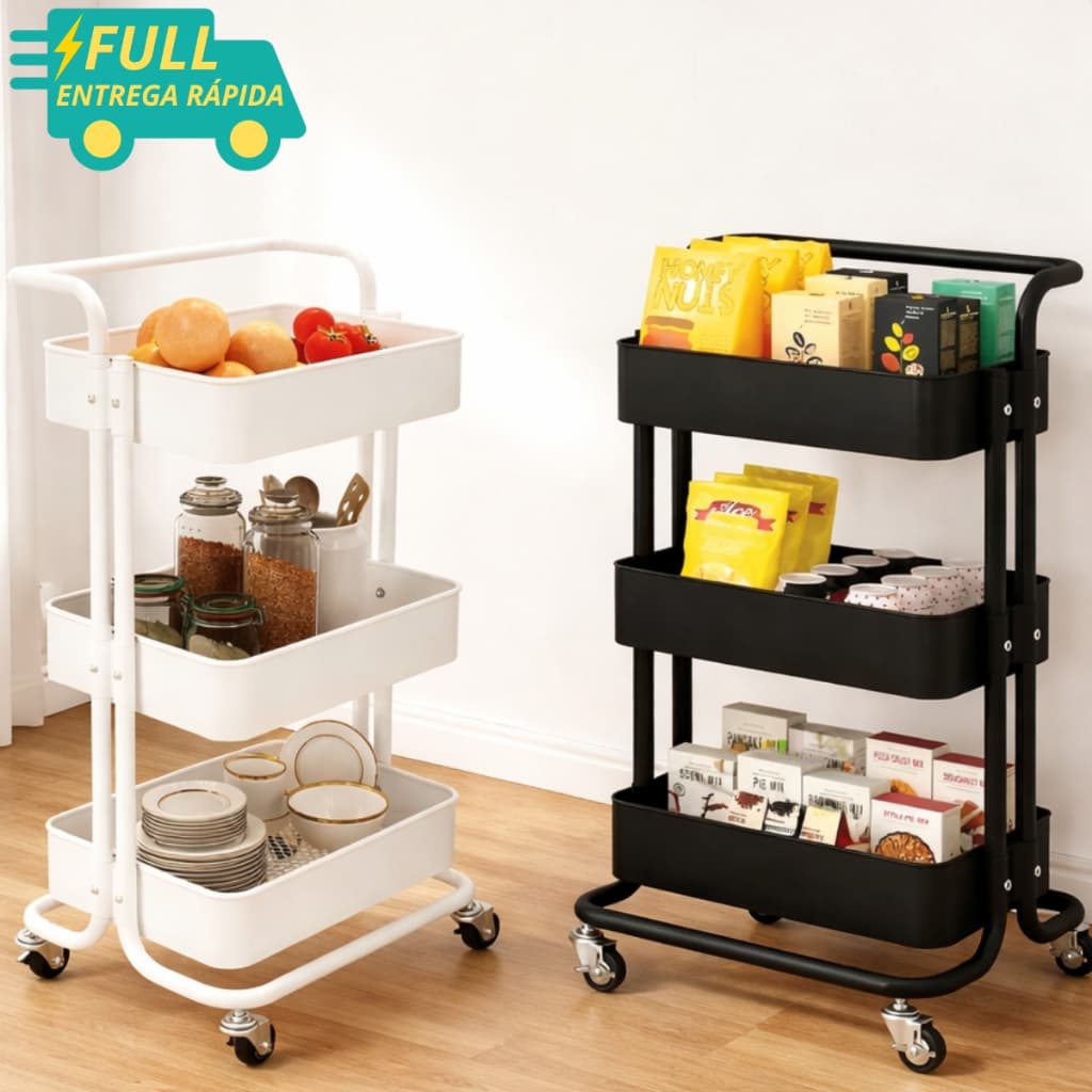 Carrinho Organizador Multiuso 3 Prateleiras Rodinhas Manicure Salão Lavanderia Cozinha Banheiro Quarto Preto Branco