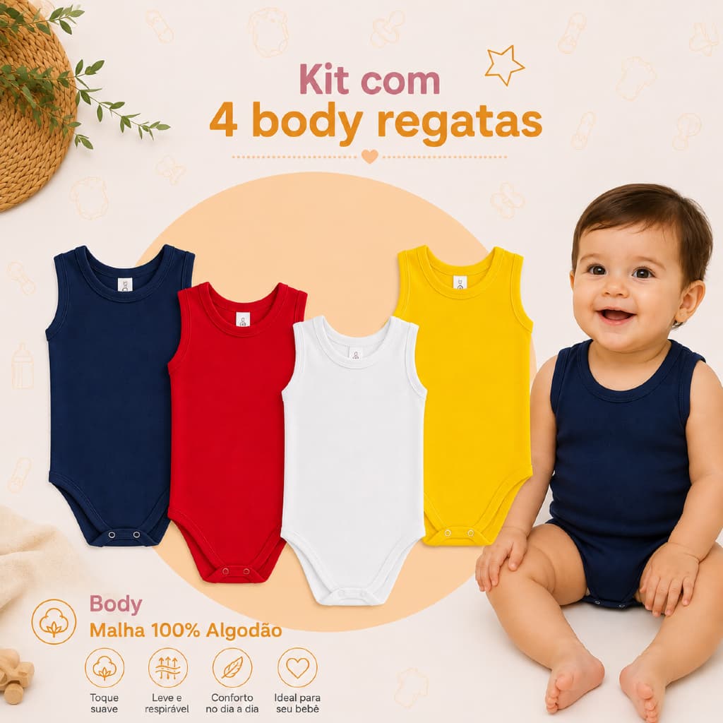 kit 4 Body Regatas Bebê Menino Menina Liso Estampado Verão Enxoval Camisetas Comfort 100% Algodão