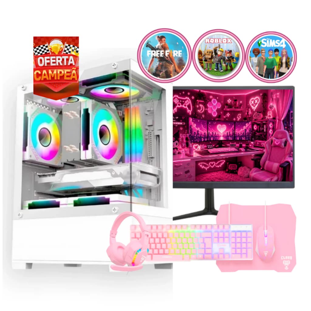 Computador Gamer Completo Branco e Rosa Teclado Mouse Fone de ouvido Roblox Free fire