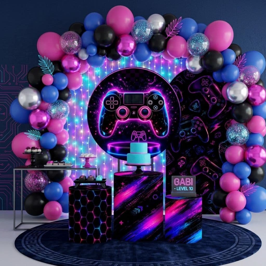 Capas Decorativas Painéis e Cilindros Videogame Gamer Neon Controle Festa Infantil Menino Menina