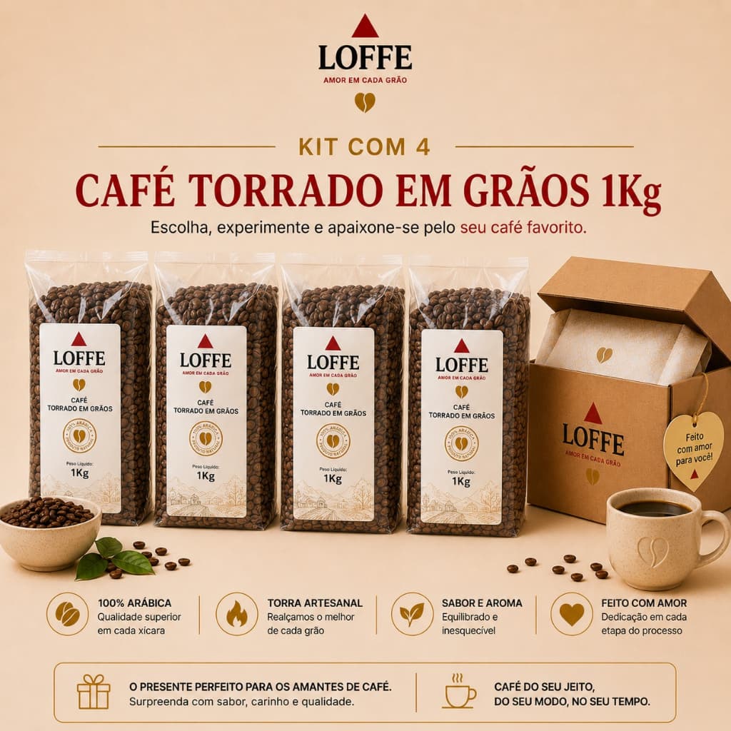 KIT 4 LOFFE CAFÉ TORRADO EM GRÃOS 4KG TORRA FRESCA 100% ARÁBICA DIRETO DO PRODUTOR CAFÉ MINEIRO PARA MOER | ESPRESSO