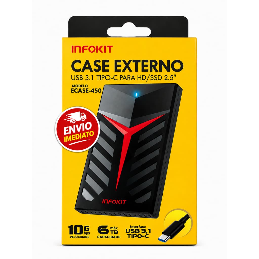Case Externo Infokit para HD SSD 2.5" USB 3.1 Tipo-C 10Gbps até 6TB