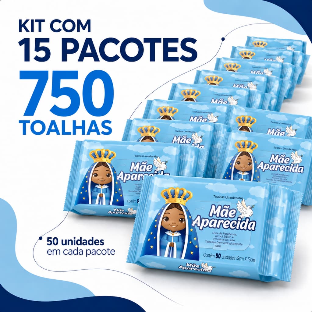 Kit 15 Pacotes Lenço Umedecido Bebê Mãe Aparecida 750 Folhas Toalhas Umedecidas