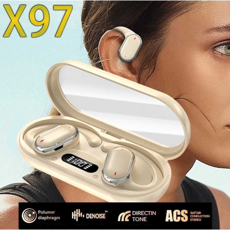 Fone Bluetooth X97 Clip-On Aberto, Não Entra no Ouvido, Bluetooth 5.3, Microfone com IA e Display de Bateria