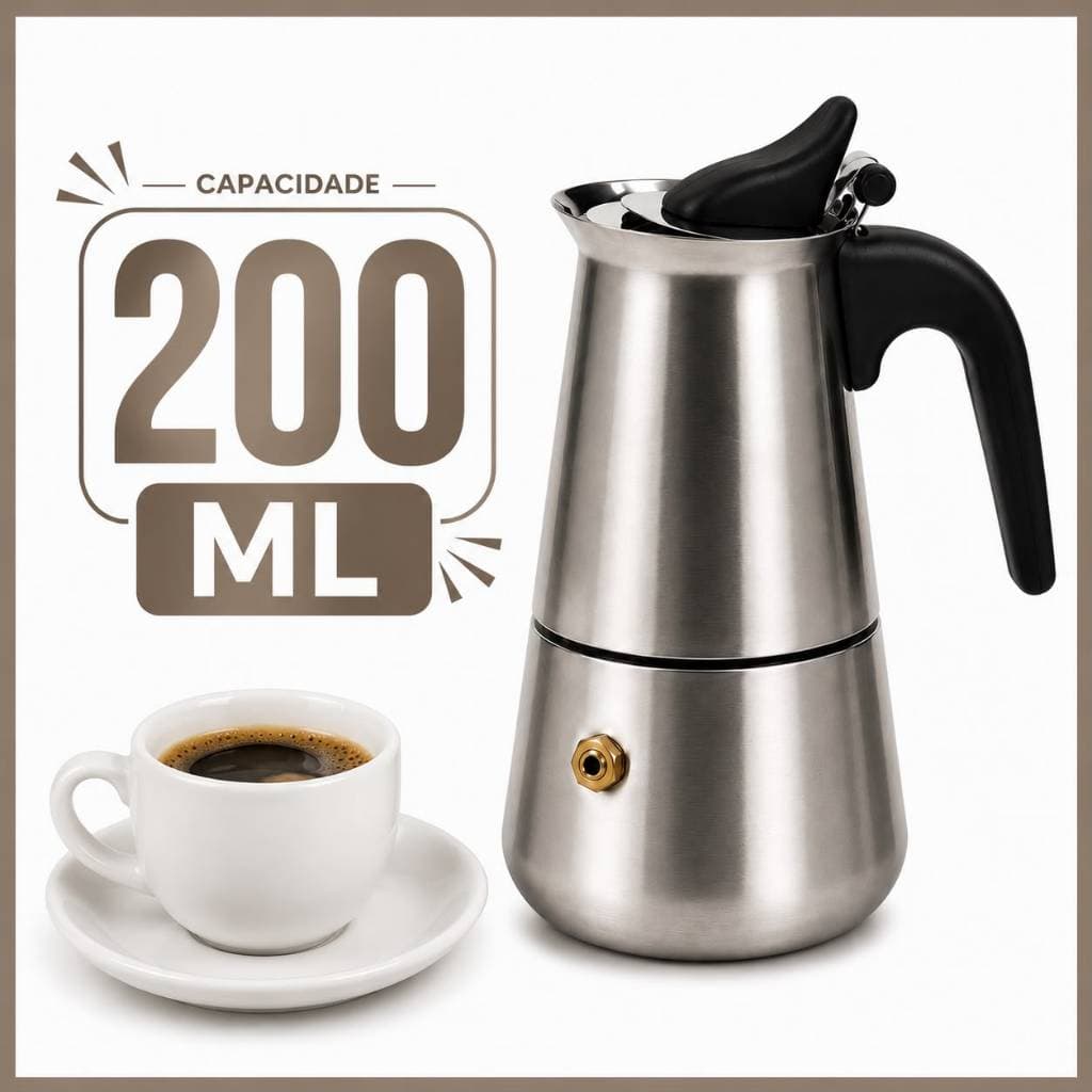Cafeteira Italiana Inox Expresso 200ml Café 4 xícaras Aço Inox