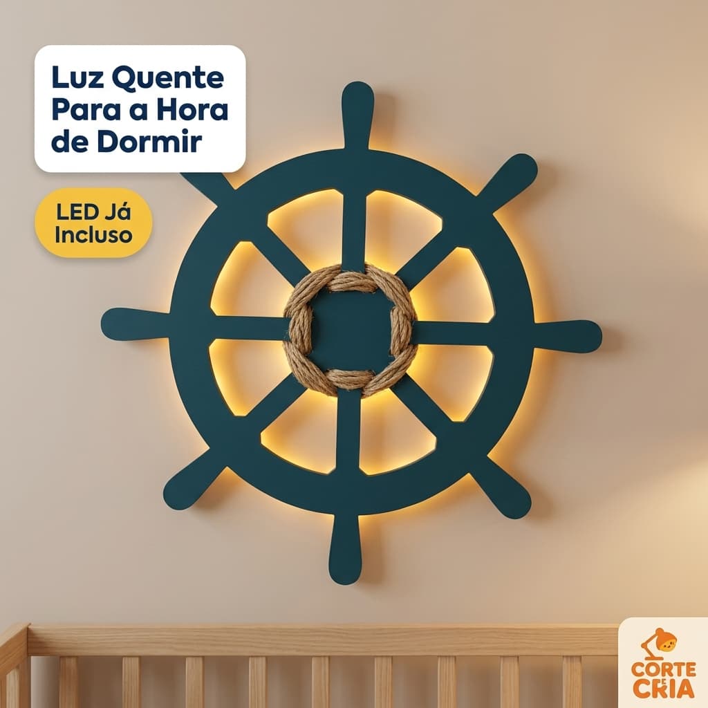 Luminária Infantil Timão Náutico em MDF 33cm Quadro Decoração Marítima Marinha C/ LED Quarto Sala Decoração Fundo Do Mar
