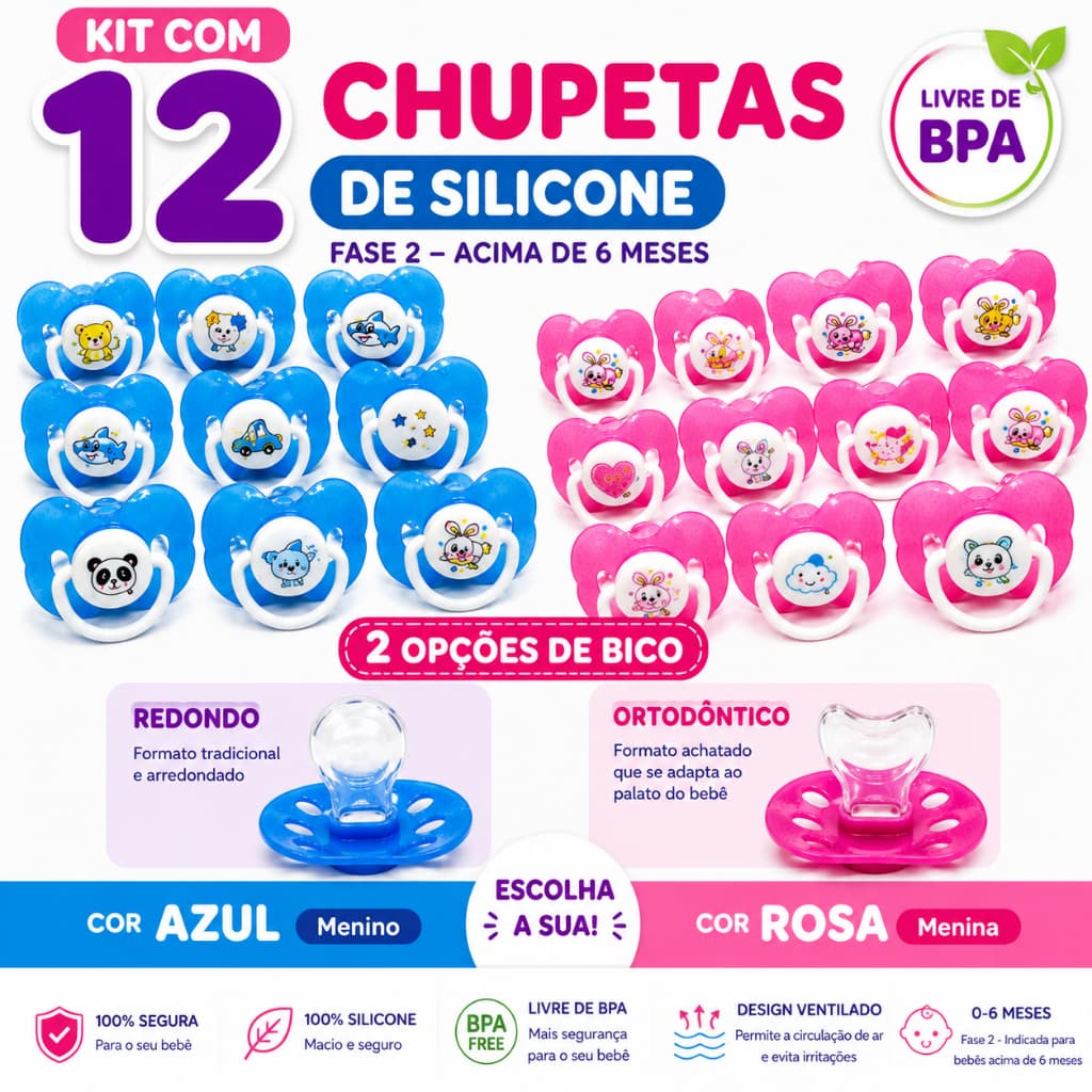 Kit 12 Chupetas Borboleta Bico De Silicone Fase 2 Bico Redondo Ou Ortodôntico Menino Ou Menina Bebês