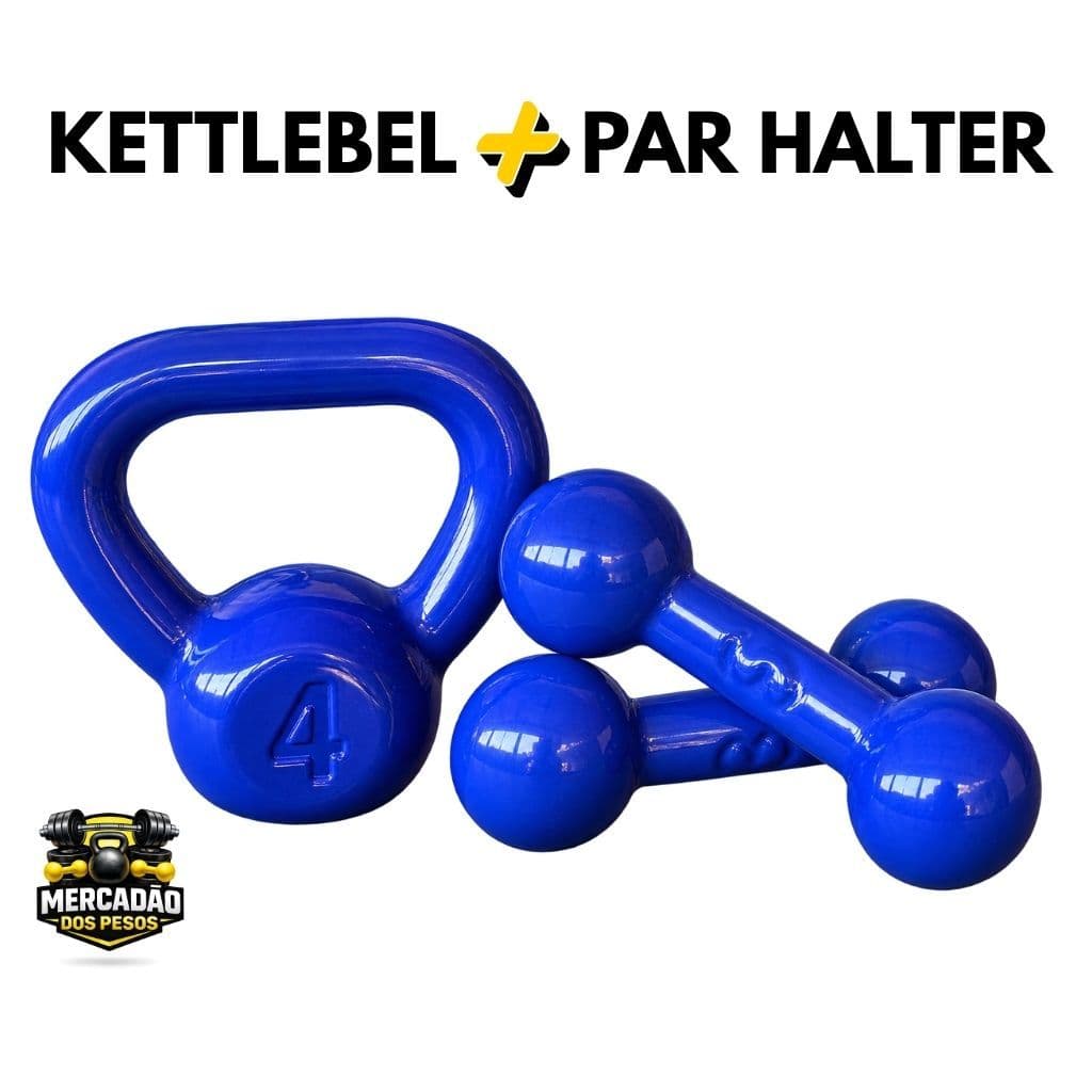 Kit Treino 3 Peso em Casa Academia  Halter Bola, Ketlebell Emborrachado Azul - Academia, Crossfit, Pilates, Musculação