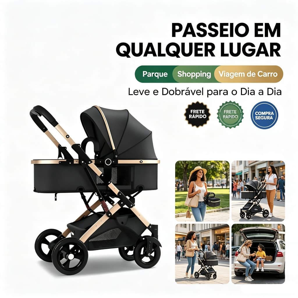 Carrinho de Bebe Passeio Berço Reversível com até 15kg Dobrável Confortável Ajustável De Bebê Completo 3 EM 1 e Conforto