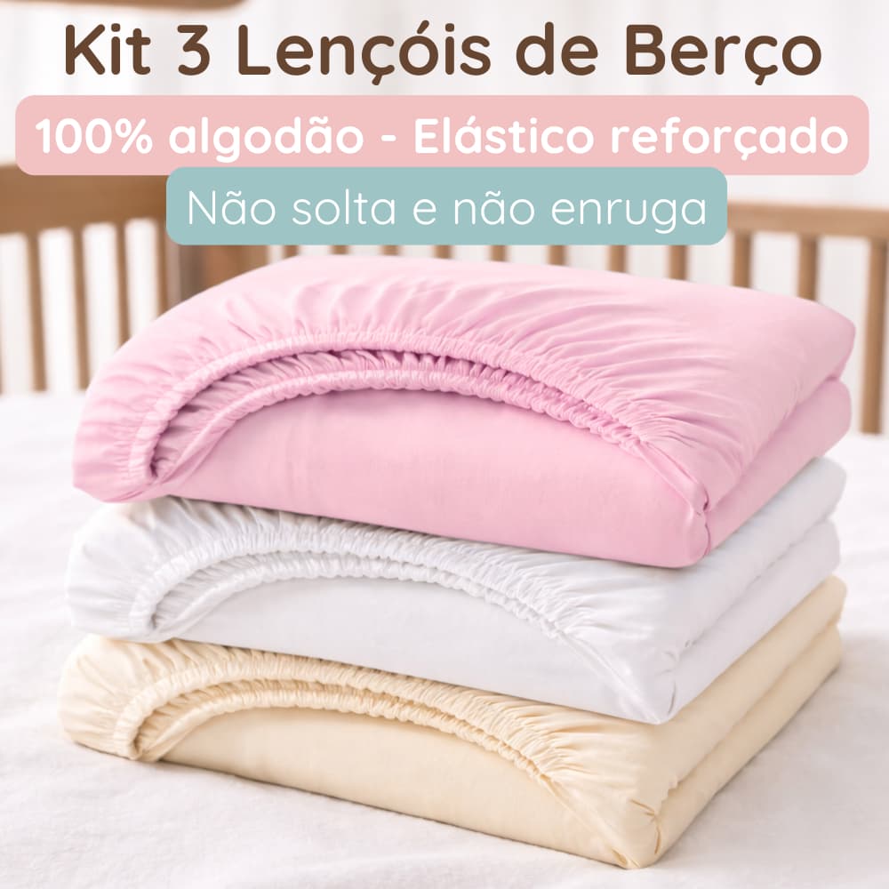 Kit de Lençol Berço Americano com Elástico 100% Algodão Macio 3 Peças Bebê Menina Nacional