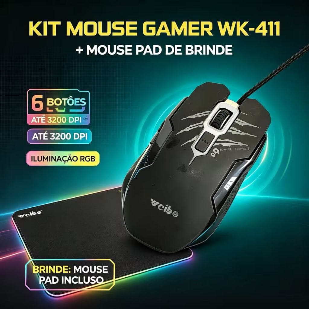 Kit Mouse Gamer WK‑411 com Fio + Brinde Mouse Pad, 6 Botões,, Iluminação RGB Ergonômico para PC Notebook