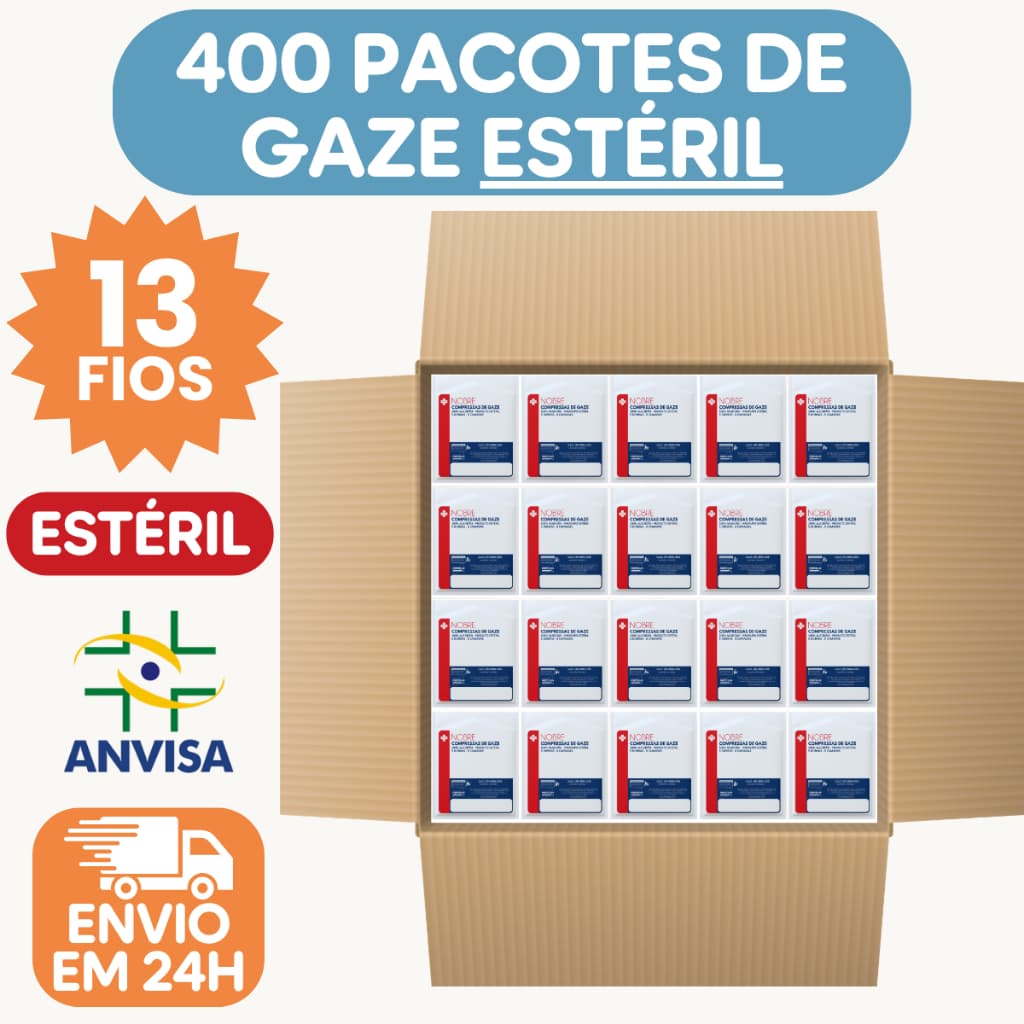Caixa com 400 Pacotes Compressas de Gaze ESTÉRIL 13 Fios Nobre Kit 4000 Gazes 100% Algodão Curativo