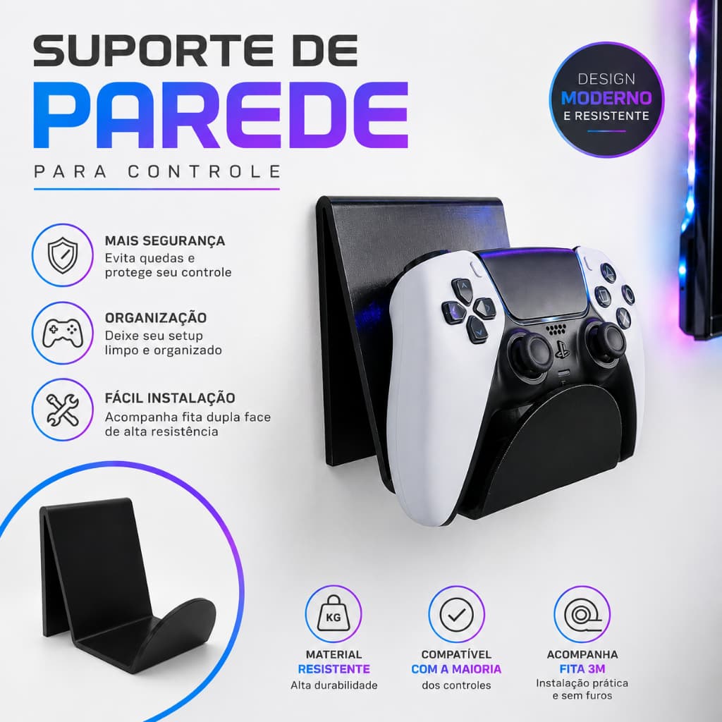 Suporte para Controle de Vídeo Game Universal de Parede Autoadesivo  PS5 | PS4 | PS3 | Xbox | Fone de Ouvido