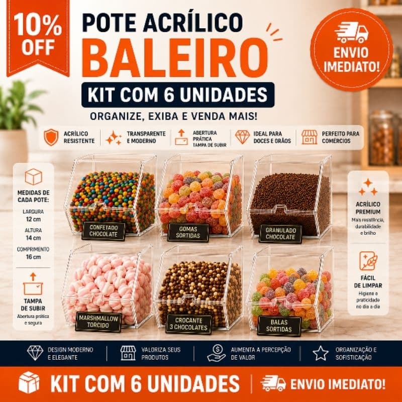 Kit com 6 potes de acrílico para loja de açaí, sorveteria, quiosques, pets e loja de grãos (casinha)