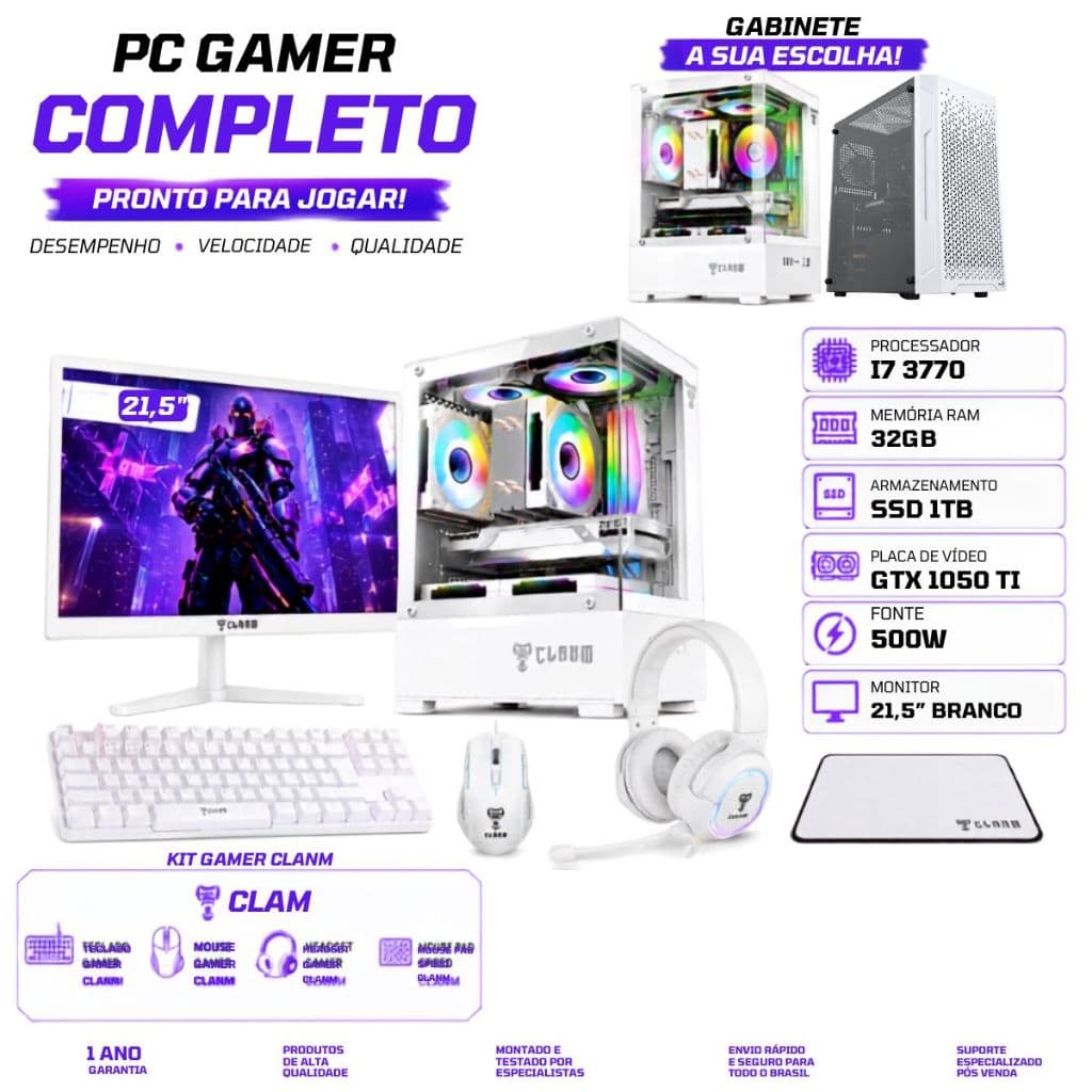 Pc Gamer Completo Intel Core I7, 32gb, Ssd 480, GTX 1050TI 4gb, Kit Eg-55, Monitor 21,5"