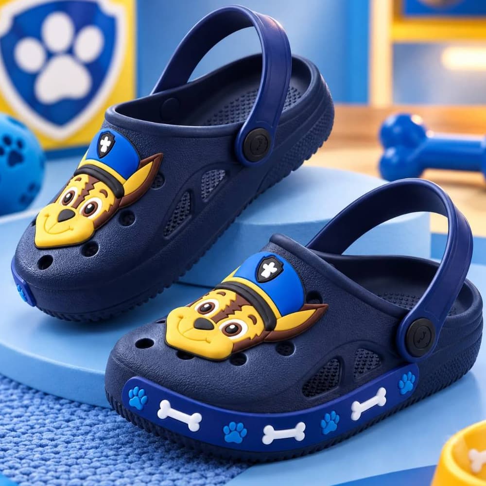 Babuche Clog Infantil Azul Cachorrinho Policial Sandália Menino Menina Confortável Calçado Infantil Macio Dia a Dia
