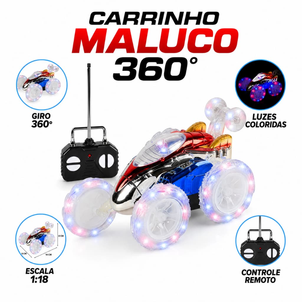 Carrinho Controle Remoto Carro Maluco Gira 360º Com Luzes Led Cor Colorido Personagem outros