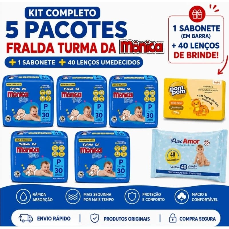 Frauda descartável kit com 5 pacotes +1 sabonete cha kit fralda todos os tamanhos RN, P ,M G,XG