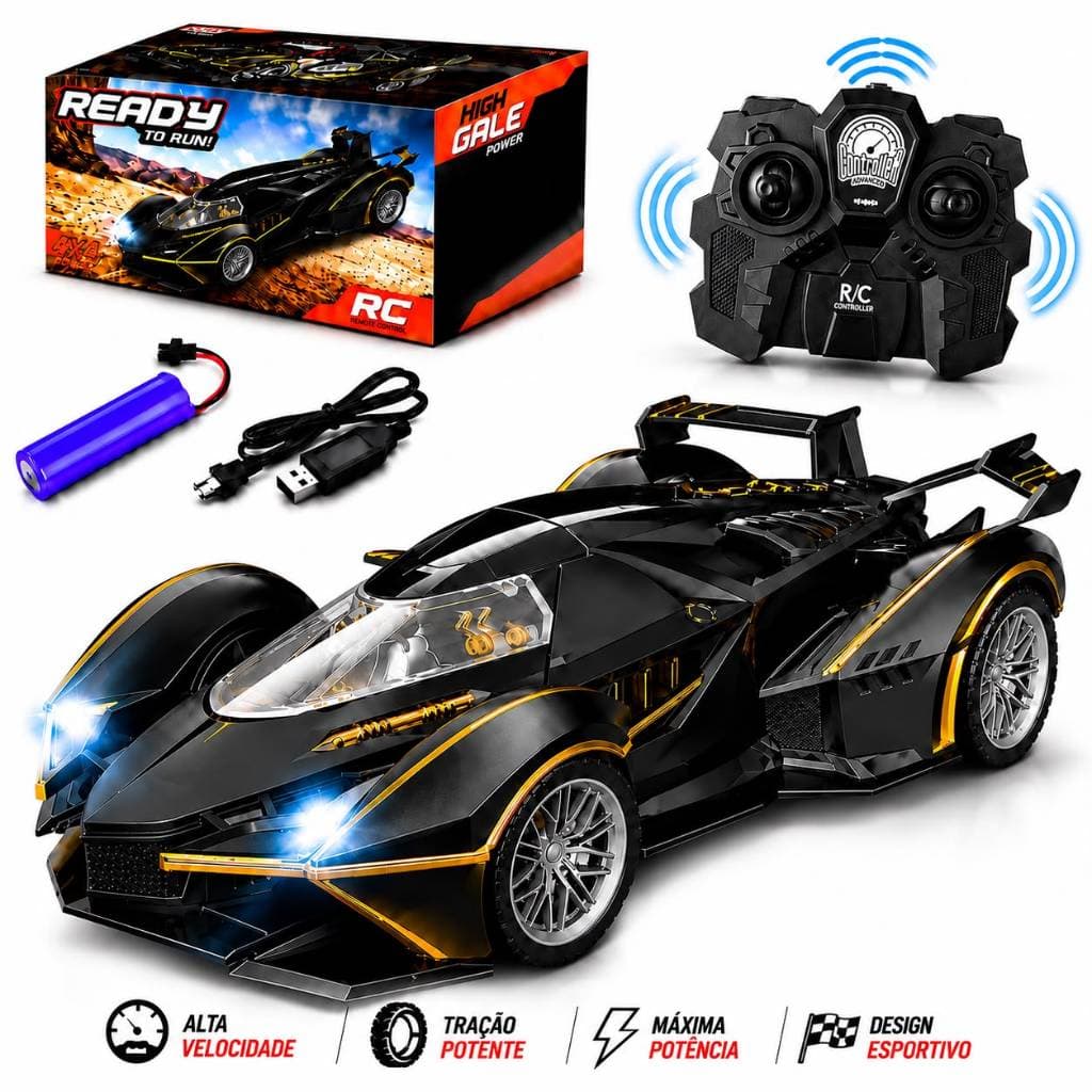 Carro Controle Remoto Infantil Recarregável Carrinho Esportivo com Farol LED Bateria e USB