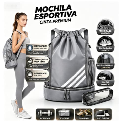 Mochila Esportiva Unissex Impermeável Grande com Compartimento para Tênis para Academia e Viagem
