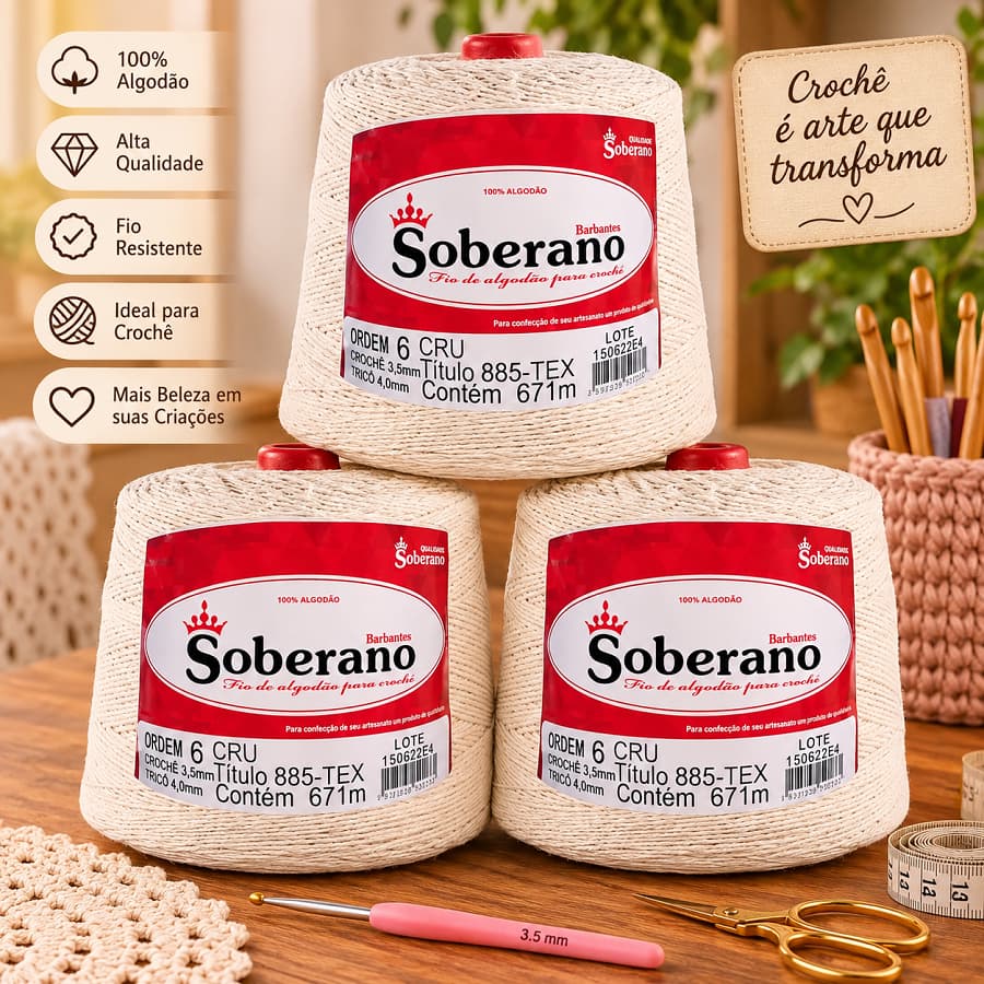 Kit de 3 Cones Barbantes Soberano Cru Fio Ordem 6 de 670 Metros Cada para Crochê, Frigorífico e Artesanato