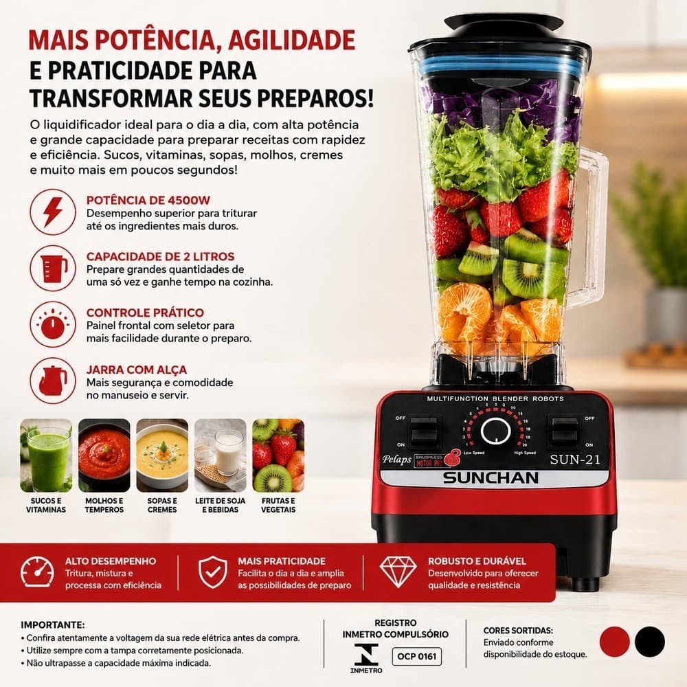 Liquidificador Elétrico 4500W 127V 2 Litros Alta Performance Super Resistente muito Potente e silencioso