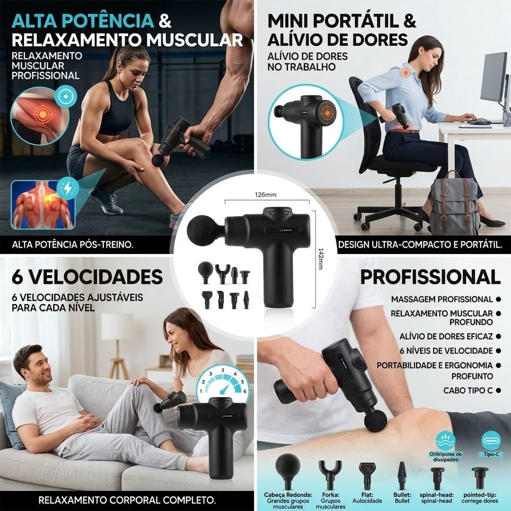 Massageador Eletrico Mini Portatil Profissional Relaxamento Muscular E Alivio De Dores 6 Velocidades Alta Potencia