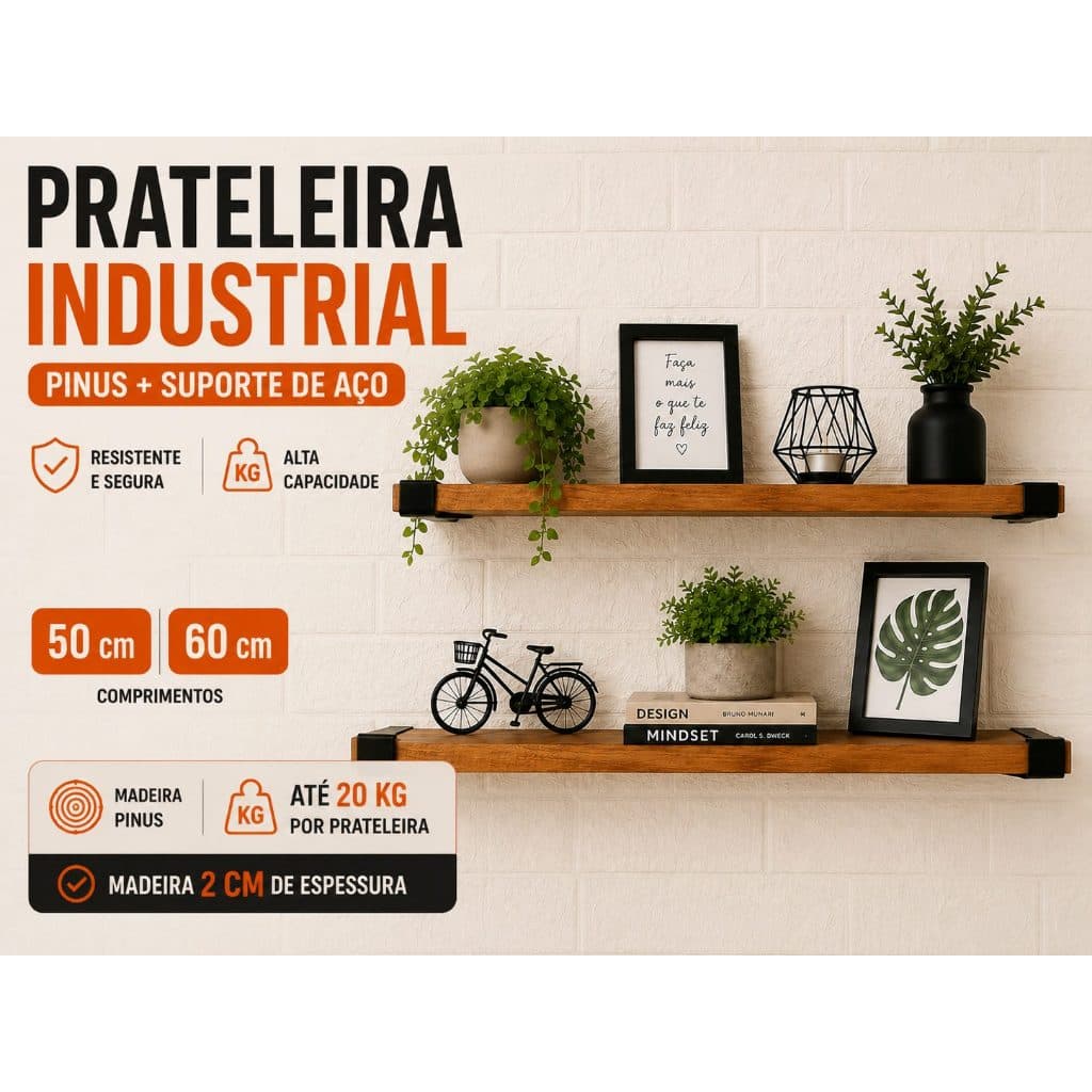 Prateleira Industrial Madeira Pinus Suporte Metálico Preto Parede