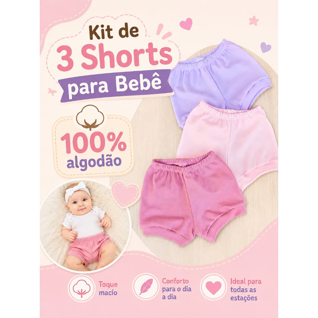 kit 3 Shorts Tapa Fralda para Bebê em Malha 100% Algodão  Enxoval Maternidade