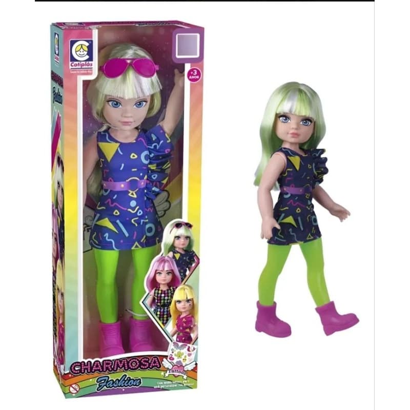 Boneca Charmosa Fashion com Cabelo Verde da Cotiplás, um brinquedo articulado que se destaca pelo visual moderno.