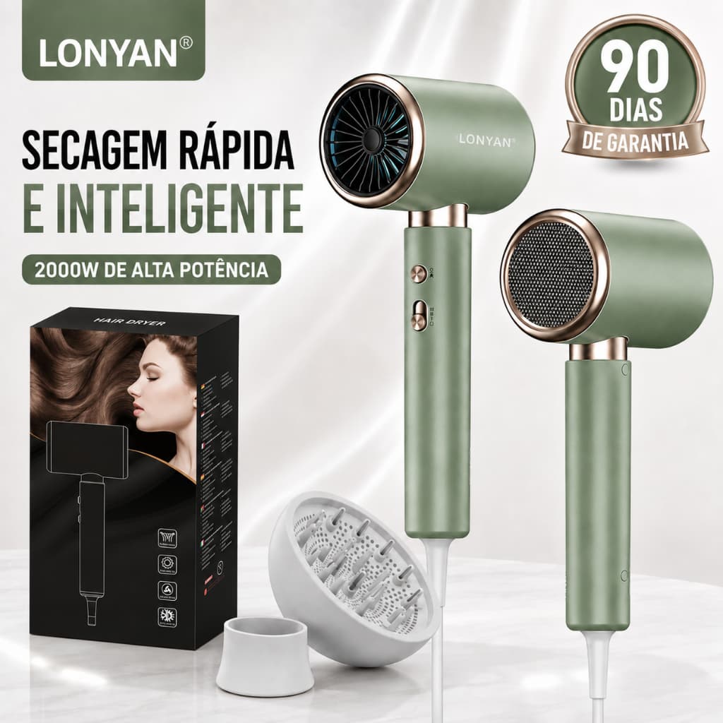 Secador de Cabelo com Diffuser Profissional LONYAN 127V 220V 2000W Temperatura Ajustável Silencioso Rápido Aquecimento
