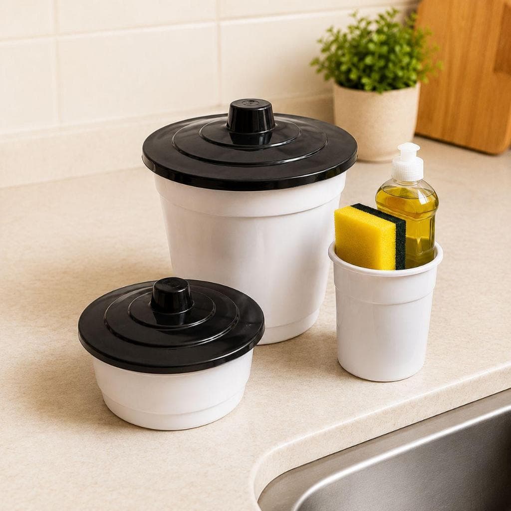 Kit Pia Organizador Completo com Lixeira, Porta Detergente e Pote Multiuso – Kit Cozinha Plástico com Tampa, Organizador