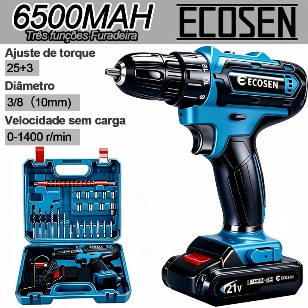 Parafusadeira Furadeira Impacto Sem Fio 21V 45N.m Bivolt Kit Maleta com 2 Baterias, 3 Funções Torque Ajustável