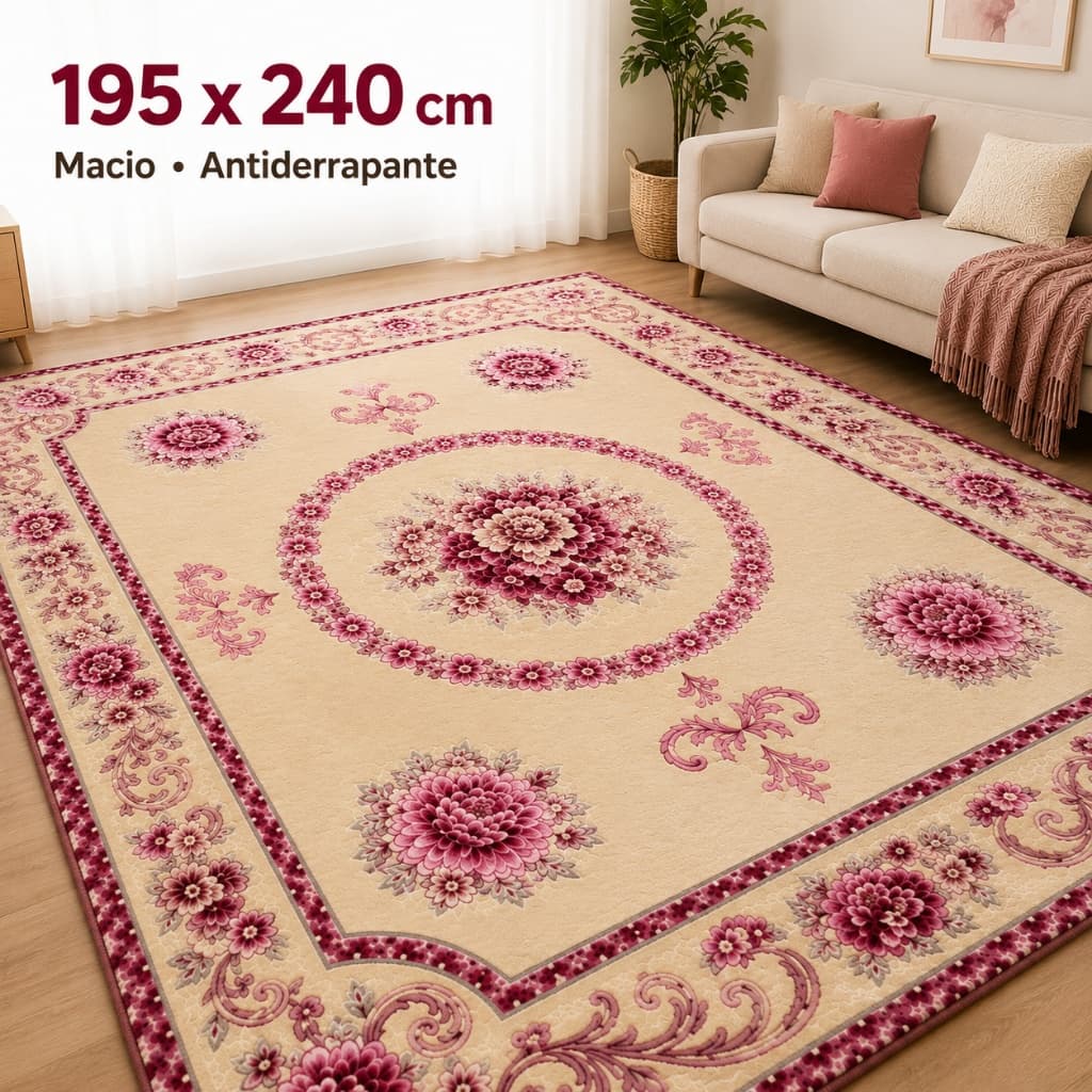 Tapete Grande para Sala Quarto 195x240cm Floral Aveludado Macio Antiderrapante 100% Poliéster