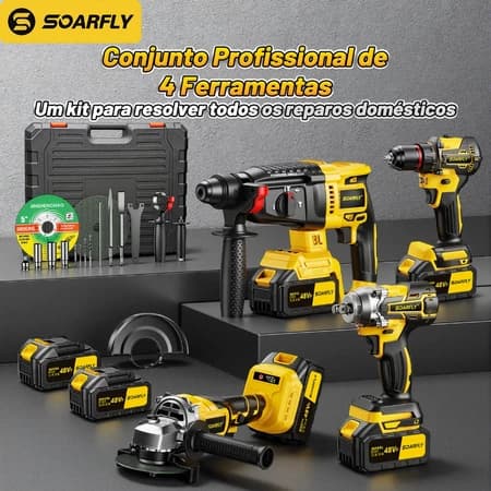 SOARFLY 4in1 Tool Kit Brushless Hammer Drill Grinder Sander Screwdriver Impact Wrench 2 Batteries 48v