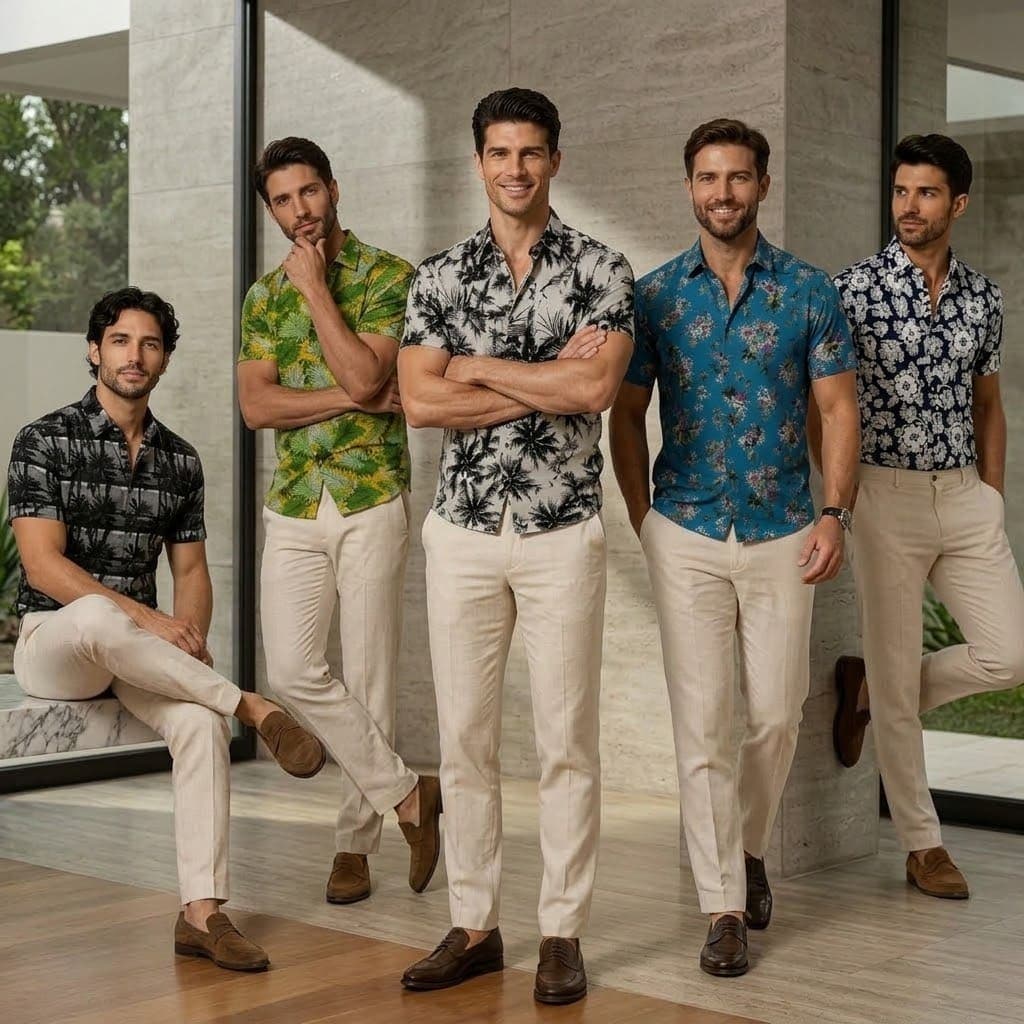 Kit 5 Camisas Sociais Masculina Manga Curta Estampada Slim Viscose Casual Praia Verão Social