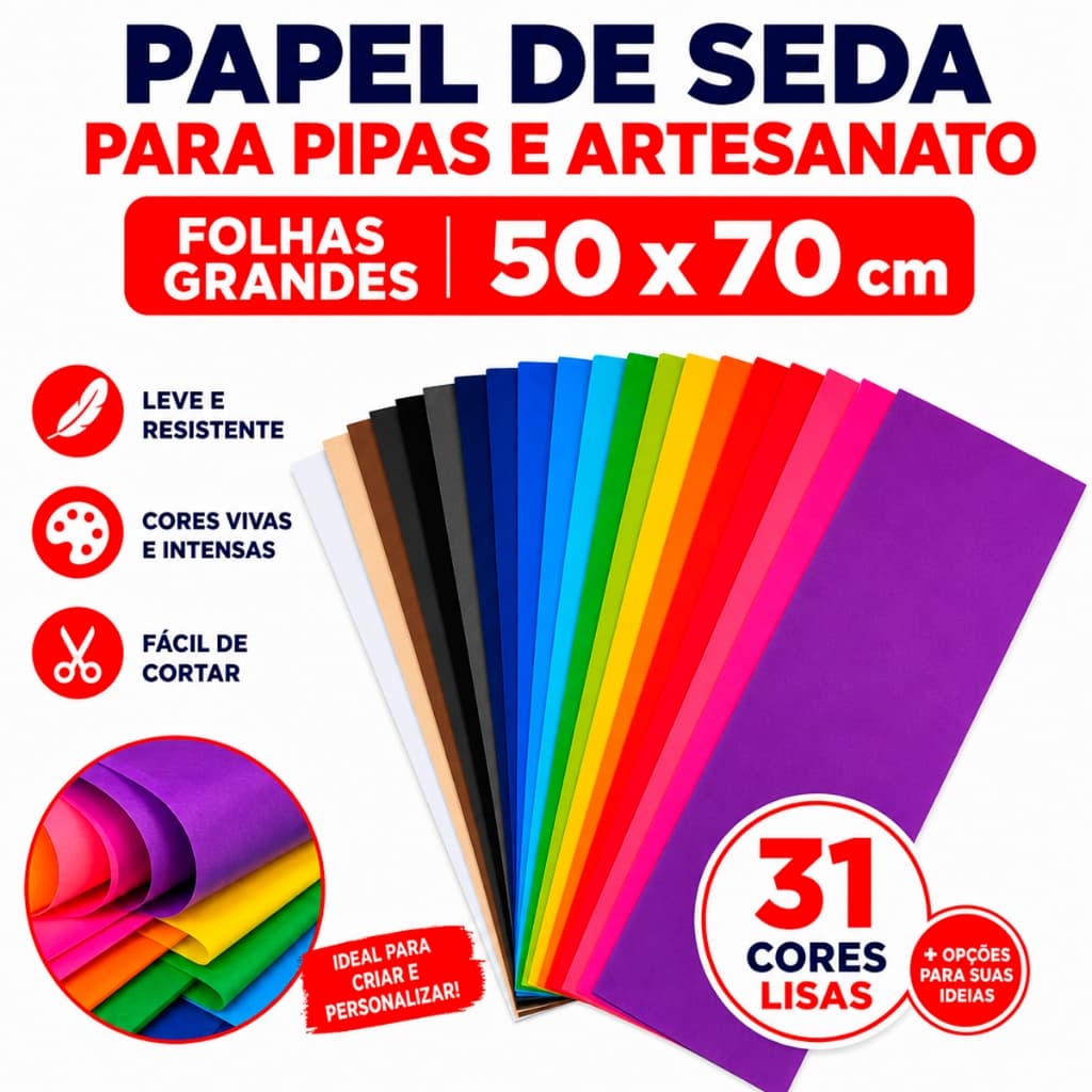 Folha de Seda 50x70cm Cores Lisas para Pipas e Artesanato Decoração 31 Cores Escolha até 5 Cores