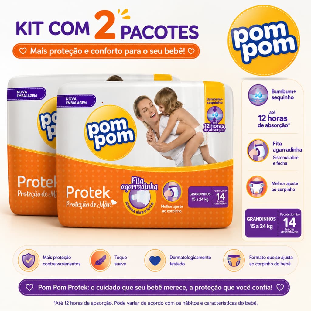 Kit 2 Pacotes Fralda Pom Pom Derma Protek Tamanho Grandinhos (15-24kg) Total 28 Unidades Proteção 12h Conforto