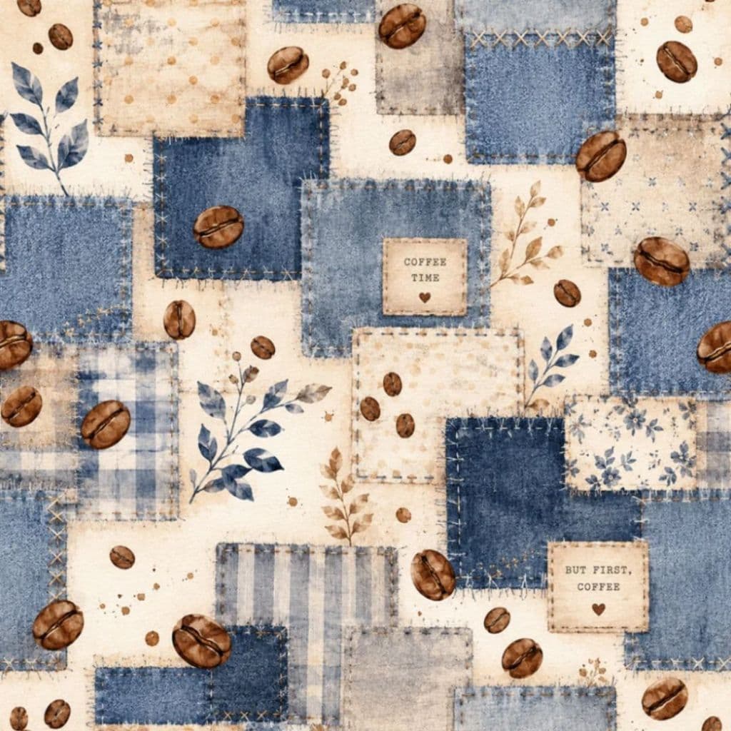Tecido Patchwork Digital Blue Coffee Patch Grãos D2830