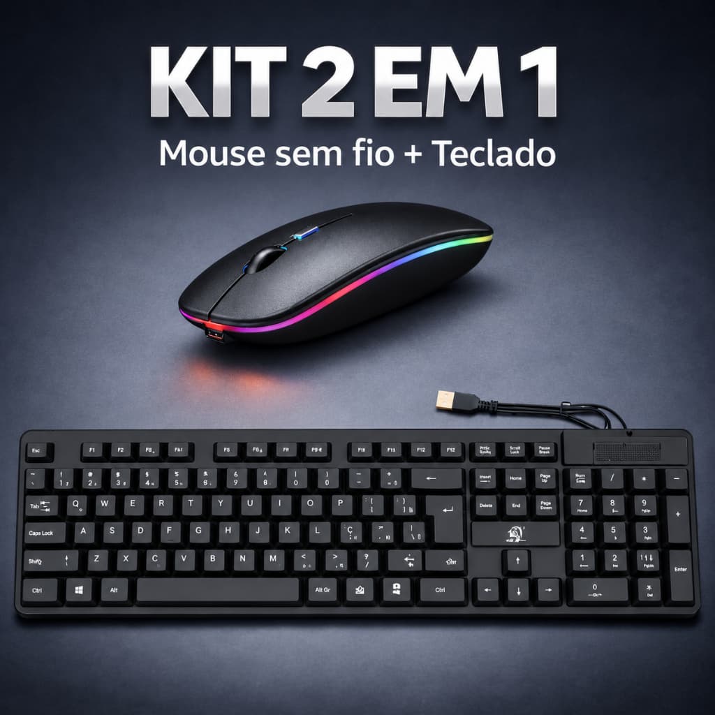 Kit Mouse Sem fio Bluetooth recarregavel + Teclado Com fio Kit 2 em 1