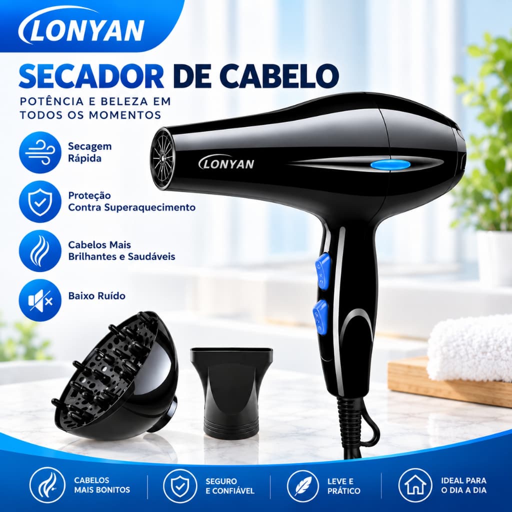 Secador de Cabelo Profissional 800W 127V 220V Difusor Íons Negativos Secagem Rápida 2 Velocidades 3 Temperaturas