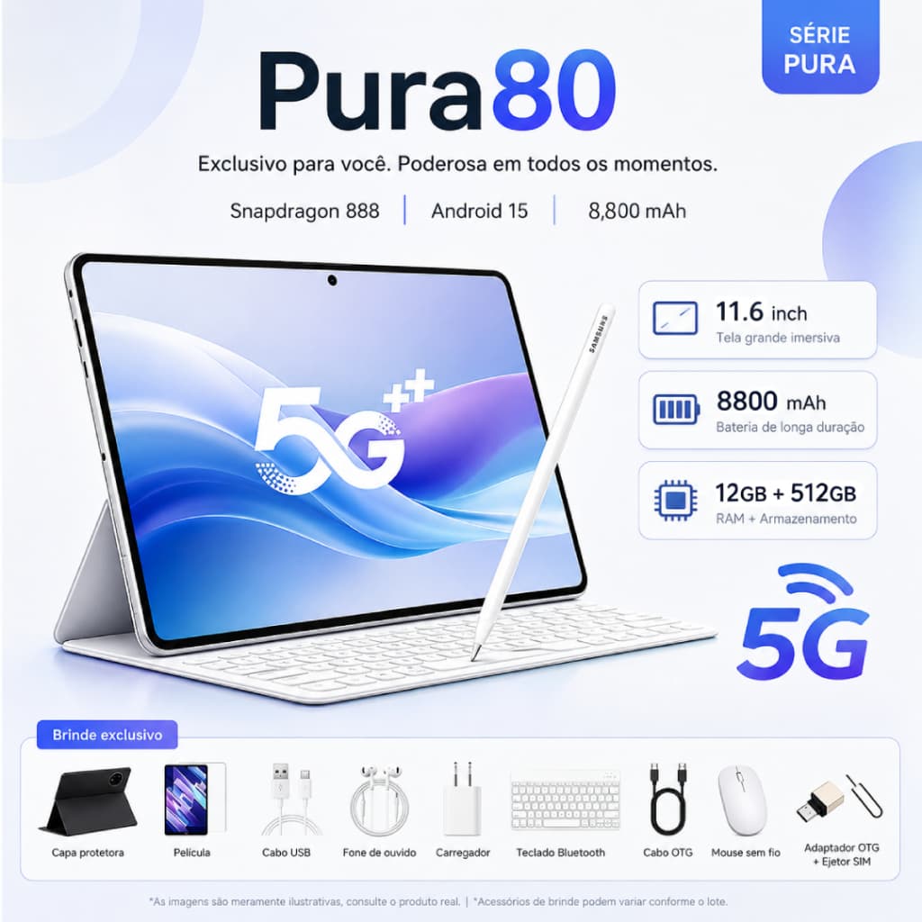 Tablet Pura80 | 12GB+512GB | Android 15 | Tela FHD 11.6" | 8800mAh Snapdragon 8 Gen 3 4G/ 5GLTE