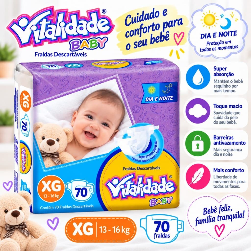 Fralda Descartável Vitalidade Baby Mega Tamanho XG 70 Unidades